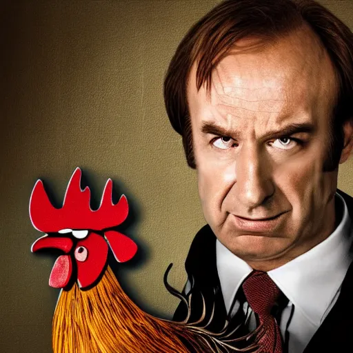 Image similar to saul goodman and a rooster in a saw movie torture chamber, horror movie background, saul goodman, rooster, photo