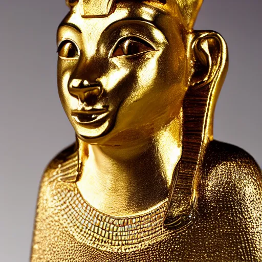 Prompt: an ancient egyptian gold statuette with the face of a shiba inu, close up photo, ultra realistic, studio photo, bokeh. intricate details.