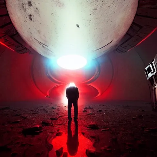 Image similar to ultra realistic, astronaut standing inside of an eerie space cathedral surrounded by cultists, there’s a large obsidian vortex floating above, black and red background, occult, photo realistic, dark atmosphere