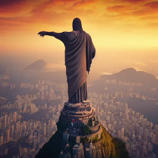 Image similar to a highly detailed picture of, the christo redentor dabbing over rio de janeiro and shouting poggers, ultrawide lens, art by john collier and albert aublet and krenz cushart and artem demura and alphonse mucha, volumetric lighting, octane render, 4 k resolution, trending on artstation, masterpiece