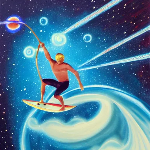 Prompt: surfer in space, intricate detail, airbrush painting, illustration,