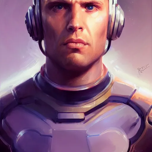 Image similar to portrait of a man with shocked expression by greg rutkowski, he is about 3 0 years old, short blond hair, athletic and strong, straight jaw, wearing futuristic space gear, highly detailed portrait, digital painting, artstation, concept art, smooth, sharp foccus ilustration, artstation hq.