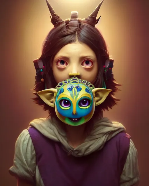 Prompt: highly detailed surreal vfx portrait of young woman wearing majora's mask, stephen bliss, unreal engine, greg rutkowski, loish, rhads, beeple, makoto shinkai and lois van baarle, ilya kuvshinov, rossdraws, tom bagshaw, alphonse mucha, global illumination, detailed and intricate environment