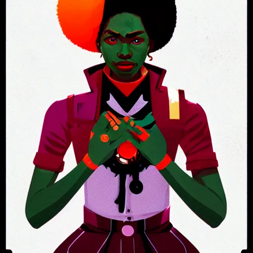 Prompt: Sachin Teng illustration of an afropunk female villain character, medium shot, asymmetrical, profile picture, outlines, rich colours, , trending on artstation, by Sachin Teng