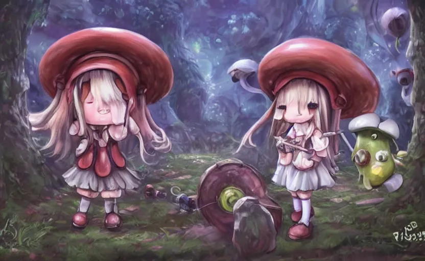 Image similar to cute little girl with an long hair wearing an mushroom hat and holding an cute cannon in the dark forest next to a sinister monster, cute artwork, clean detailed art, inspired made in abyss, detailed background, fantastic world, spectacular quality, trending on pixiv