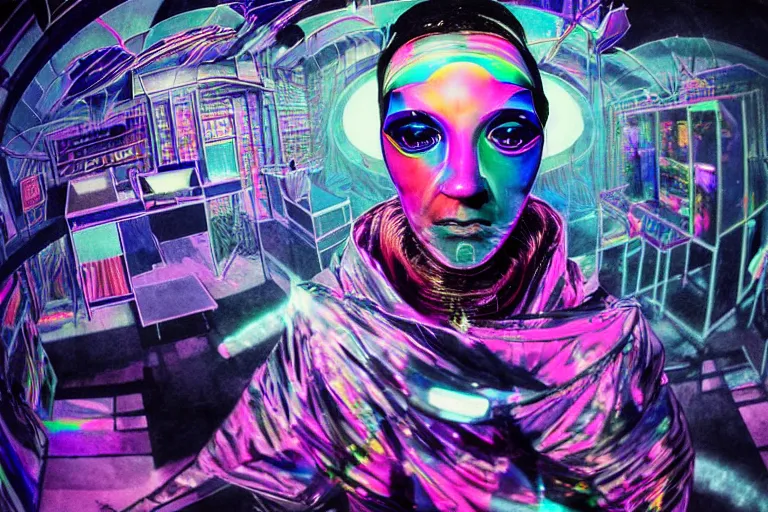 Image similar to a highly detailed beautiful masterpiece photograph of a technomancer wizard in dazzle camouflage robes with pointed hood facetiming his AI djinn hologram in his laboratory near a holographic super-computer by Remedios Varo and Anato Finnstark and Greg Rutkowski and Andy Warhol, dayglo pink, dayglo blue, prismatic, pearlescent white, raven black, hyperrealism, 8k, trending on ArtStation, rendered in Octane, rendered in Unreal engine, award winning, volumetric lighting