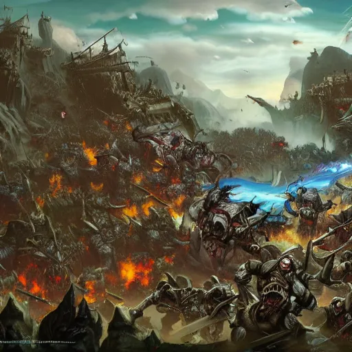 Prompt: wide landscape shot of warhammer orcs fighting pirate vampires, trending on artstartion