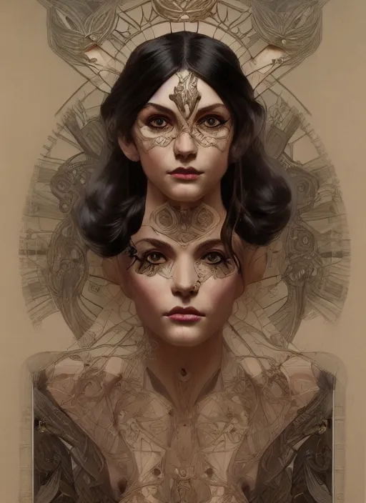 Image similar to symmetry!! pinup, machine parts embedded into face, intricate, elegant, highly detailed, digital painting, artstation, concept art, smooth, sharp focus, illustration, art by artgerm and greg rutkowski and alphonse mucha, 8 k