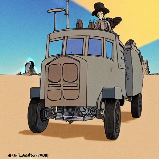 Image similar to a study of cell shaded cartoon of a mechanized grey owl from howl's moving castle ( 2 0 0 4 ), in front of pyramids on a desert road, full body, wide shot, very muted colors, post grunge, studio ghibli, laurie greasley, highly detailed, deviantart, art by artgem