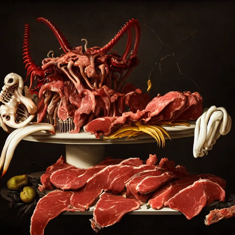 Image similar to still life of rotten meat, xenomorph, beautiful tropical flowers, human spine, tropical fruit baroque painting, beautiful detailed intricate insanely detailed octane render, 8K artistic photography, photorealistic, chiaroscuro, Raphael, Caravaggio