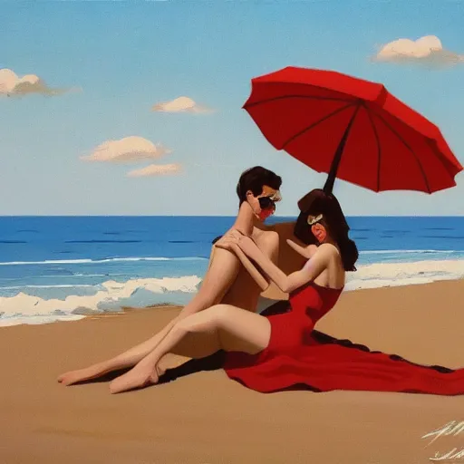 Prompt: couples at the beach by jack vettriano, artstation.