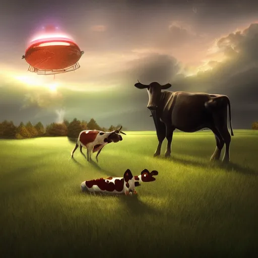 Image similar to digital art painting of a UFO abducting a cow in an empty field, mysterious, sci fi, alien, extraterrestrial, trending on artstation cgsociety,