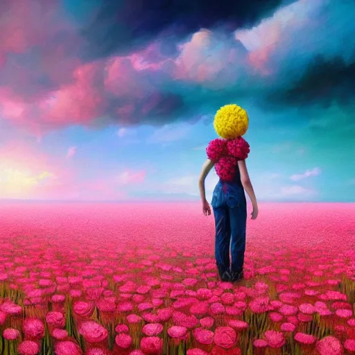 Image similar to giant rose flower head, full body girl standing in a flower field, surreal photography, sunrise, dramatic light, impressionist painting, colorful clouds, digital painting, artstation, simon stalenhag