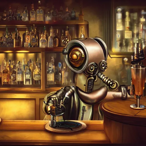 Image similar to a steampunk cyberpunk robot is at the bar and orders a drink from a bartender TY beanie baby puppy (fluffy), cgsociety, old master.