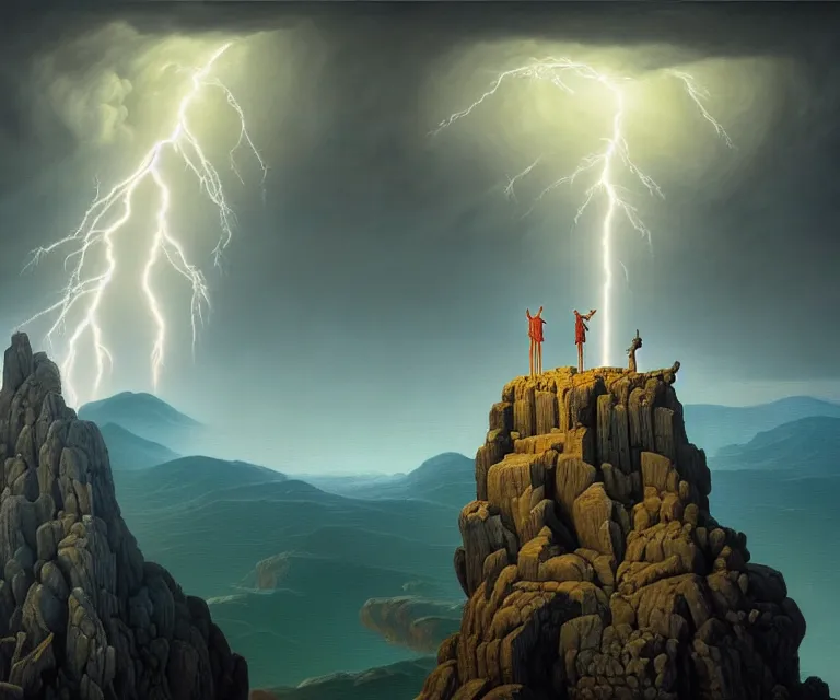 Image similar to hyper detailed 3d render like a Oil painting - greek god zeus standing tall on top of mount olympus, lightning storm in background, by Jacek Yerka, Mariusz Lewandowski, Houdini algorithmic generative render, Abstract brush strokes, Masterpiece, Edward Hopper and James Gilleard, Zdzislaw Beksinski, Mark Ryden, Wolfgang Lettl, hints of Yayoi Kasuma, octane render, 8k