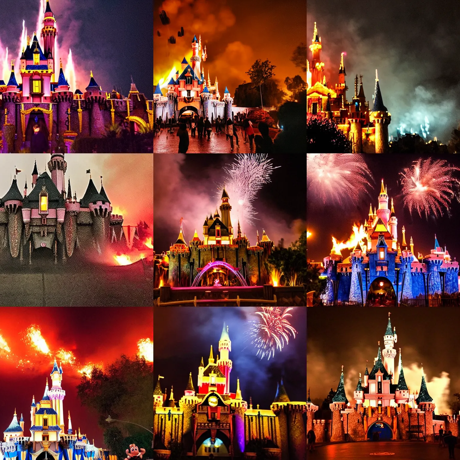 Prompt: photo of the Disneyland castle on fire, burning at night, fireworks in the sky raining down glowing embers and burning debris, lots of smoke, fire, fire, fire, night, night, night. cursed images, found footage.