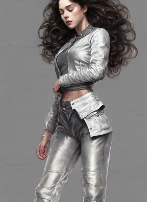 Image similar to girl in very short white! top and very short gray! leather jacket, open belly, long dark curly hair, high waist sweatpants, intricate, elegant, highly detailed, digital painting, artstation, concept art, smooth, illustration, art by artgerm and greg rutkowski and alphonse mucha