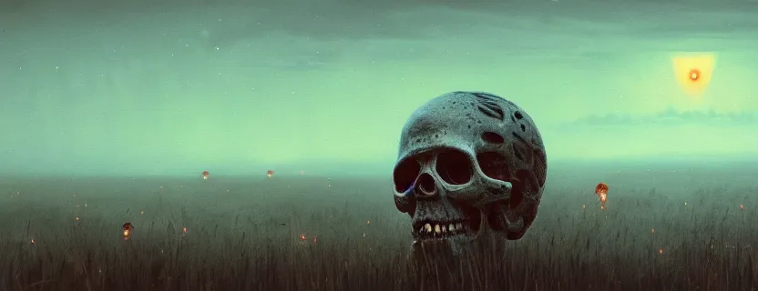 Image similar to landscape photo of mysteriously adorned skulls with fireflies in a barren landscape, by Beksinski and Greg Rutkowski and Giger and Lovecraft, cinematic, cinematic lighting, 4K, trending on artstation, photorealistic, cineovision