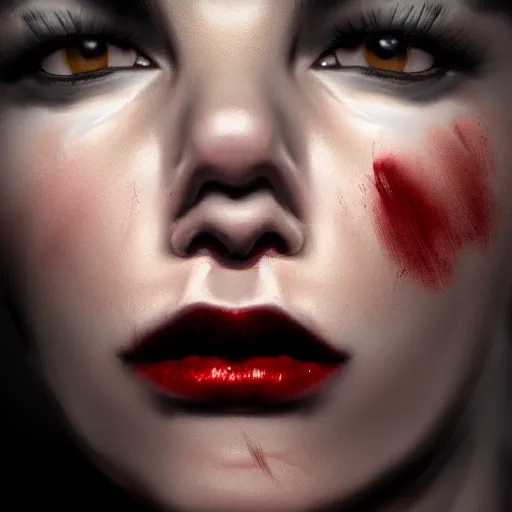 Prompt: angry and disgruntled mom, detailed face with red lips, black eyes and large forehead, detailed body, moody atmosphere, digital art, highly detailed, high contrast, beautiful lighting, award winning, trending on art station, photorealistic, 8 k,