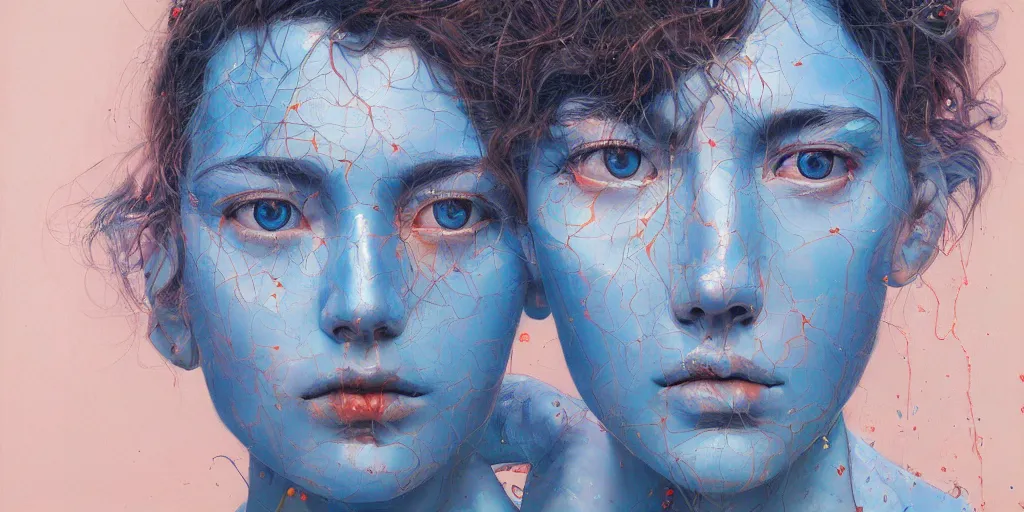 Image similar to monumental portrait soft light by james jean and satoshi kon and erik jones, inspired by evangelion, smooth feature, intricate oil painting, high detail illustration, sharp high detail, klein blue 1 9 9 9