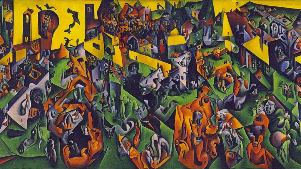 Image similar to unholy gathering, 4K, Dadaism & Fauvism, by collaboration of M. C. Escher and Salvador Dali and Van Gogh