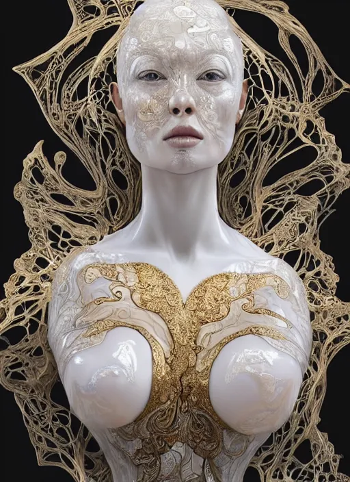 Image similar to opalescent marble sculpture of beautiful woman, glistening, mandelbulb, hypercube, ivory carving, fractal paisley inlay, lace, intricate, gold inlay, metallic, elegant, highly detailed, ivory, artgerm, lace, by ruan jia and greg rutkowski