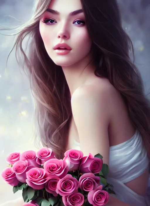 Image similar to a gorgeous female photo, professionally retouched, soft lighting, holding a bouquet of roses, realistic, smooth face, perfect eyes, wide angle, sharp focus on eyes, 8 k high definition, insanely detailed, intricate, elegant, art by artgerm and wlop