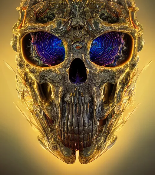 Image similar to portrait of a fantasycore glitchcore deformed animal skull in a helmet. intricate abstract. intricate artwork. celestial. prismatic, by Pablo Amaringo, disney, pixar. octane render, CGSociety very coherent symmetrical artwork. cinematic, hyper realism, high detail, octane render, 8k, holographic accents