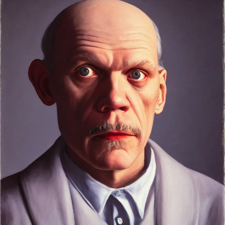 Image similar to John Malkovich as John Malkovich as he paints John Malkovich, by Rene Magritte and Edward Hopper, soft lighting, serene, 8k