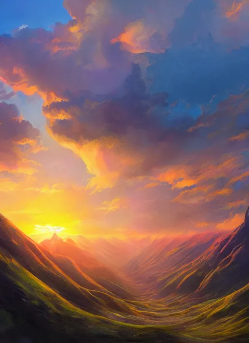 Image similar to a beautiful concept art painting of a sunrise on a peruvian mountain, beautiful lighting, fantasy art