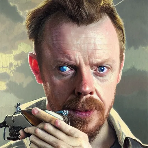 Prompt: portrait painting of simon pegg with a winchester, ultra realistic, concept art, intricate details, eerie, highly detailed, photorealistic, octane render, 8 k, unreal engine. art by artgerm and greg rutkowski and alphonse mucha