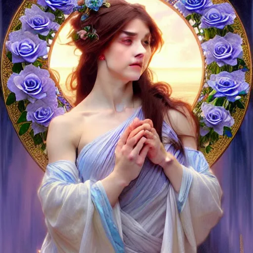 Image similar to perfectly detailed goddess princess of blue roses!! blessed by nature with ever - increasing physical mental perfection, intricate, highly detailed, biblical divine holy perfection!! digital painting, artstation, concept art, smooth, sharp focus, illustration, art by artgerm and greg rutkowski and alphonse mucha