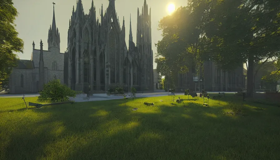 Prompt: neo - gothic midwest town, church, green square, volumetric light, sunny day, hyperdetailed, artstation, cgsociety, 8 k