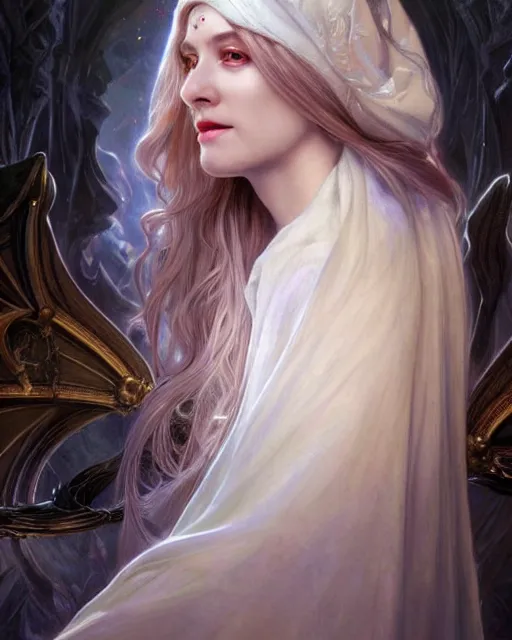 Image similar to realistic portrait of a beautiful white witch, bright witch, inside a castle, beautiful, beautiful face, fantasy, chaos, magic, dark magic, dramatic lighting, intricate, wild, highly detailed, digital painting, artstation, concept art, smooth, sharp focus, illustration, art by artgerm and greg rutkowski and alphonse mucha, footage from space camera