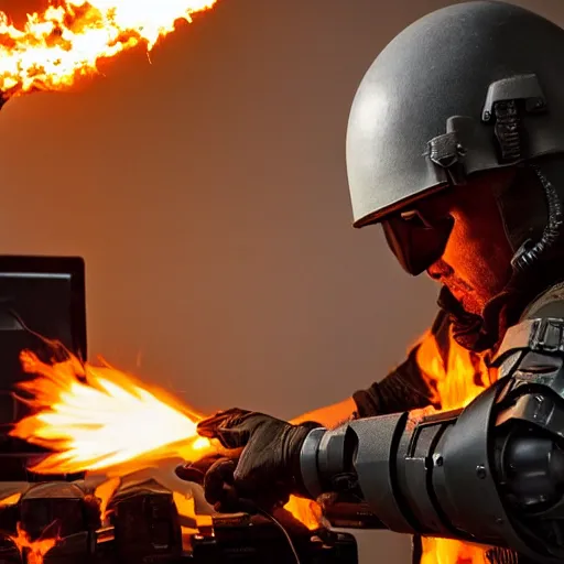 Image similar to angry man in juggernaut armor burning a desktop tower pc with a military flamethrower
