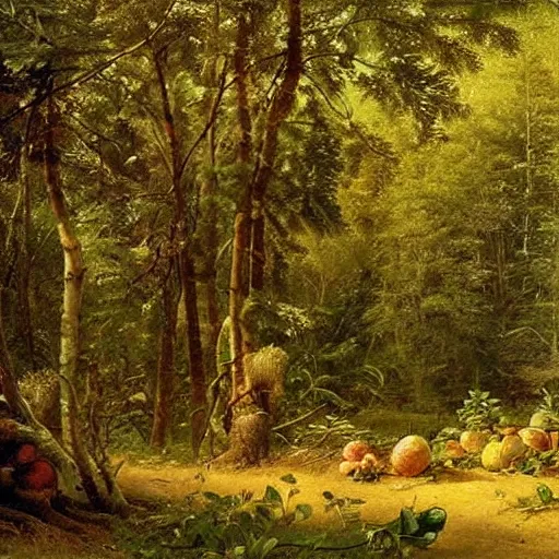 Image similar to forest full of fruits, epic beautiful detailed painting by ivan shishkin