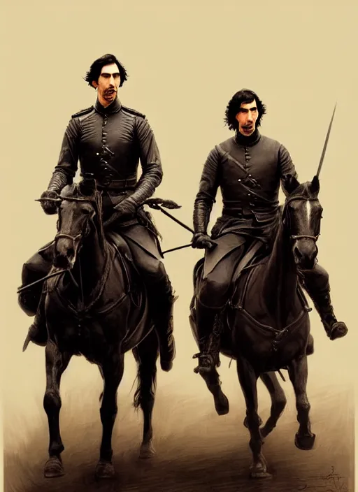 Image similar to painting of john oliver and adam driver together, riding horse, stoic, full body, military uniform, fantasy, intricate, elegant, beautiful, highly detailed, charcoal, centered, dark, smokey, digital painting, artstation, concept art, smooth, sharp focus, illustration, art by artgerm and greg rutkowski and alphonse mucha