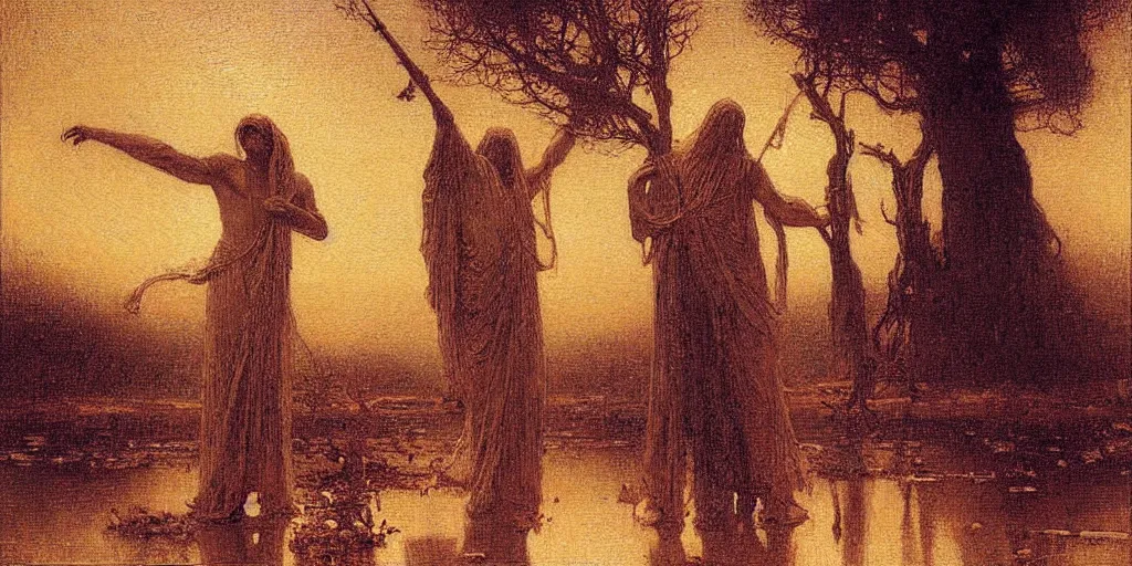 Image similar to a painting of the dark man at the crossroads by gustav moreau, jean delville and  Gaston Bussiere