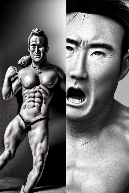 Image similar to hyperrealism billy herrington as north korean kim chen photography in style of alejandro jodorowsky and giger and araki nobuyoshi