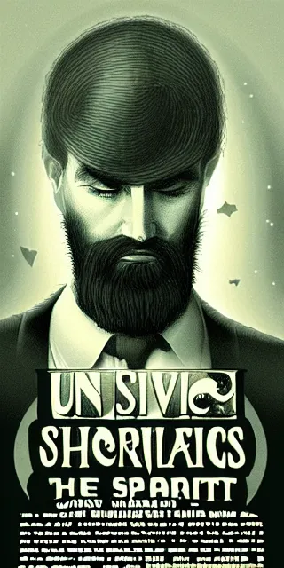Prompt: very detailed unsettling and dramatic vintage poster of a short bearded hypnotist, with the theme of the nature of reality and the metaverse, very artistic, artstation