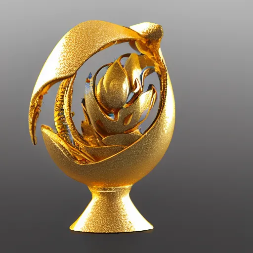 Image similar to art nouveau gold mochi shaped sculpture with filigree faberge orchid betta whiplash forest liquid lightshow spiral organic natural forms designed by giger, 8 k, octane render