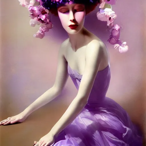 Image similar to a girl with three eyes : : on 5 translucent luminous spheres, full of floral and berry fillings, in an ocean of lavender color by rolf armstrong, monia merlo