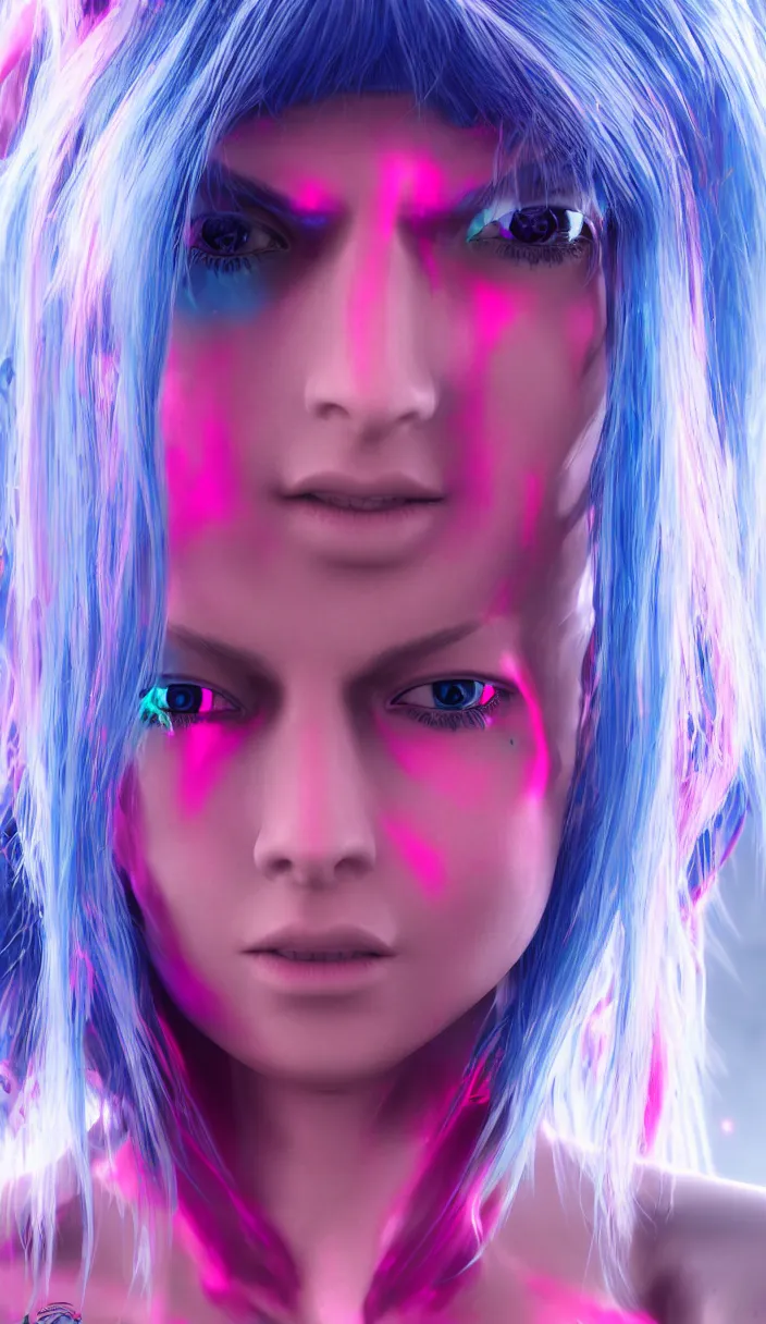 Prompt: a portrait of a cyberpunk woman, blue neon hair, pink eyes, hyperdetailed, rtx, hdr, 3 d render, octabe render, 8 k.