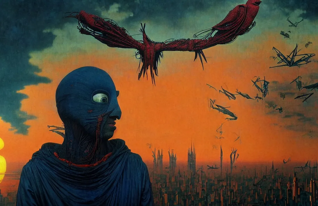 Prompt: realistic detailed portrait movie shot of a birdman wearing dark ragged robes, futuristic city sunset landscape background by denis villeneuve, amano, yves tanguy, alphonse mucha, ernst haeckel, max ernst, roger dean, ridley scott, rich moody colours, blue eyes