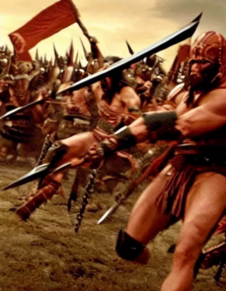 Prompt: epic battle screen, film still from the movie'3 0 0'( 2 0 0 6 )