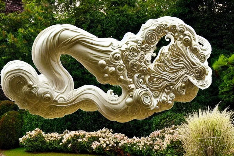 Image similar to a huge flock of many intricate elegant french horn cloud sculptures, art nouveau garden environment, soothing, milky way, award winning art, epic dreamlike fantasy landscape, ultra realistic,