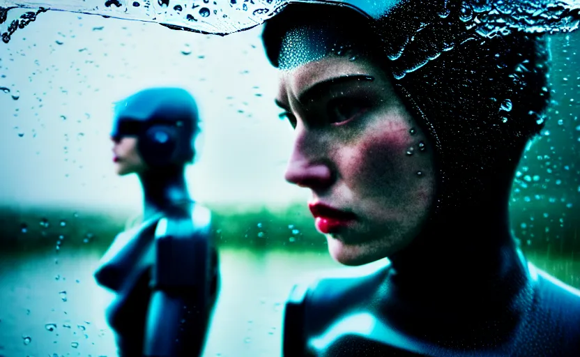 Image similar to cinestill 5 0 d candid action photographic portrait by quentin tarantino of two loving female androids wearing rugged black mesh techwear in treacherous waters, extreme closeup, modern cyberpunk retrofuturism moody emotional cinematic, pouring iridescent rain, 8 k, hd, high resolution, 3 5 mm, f / 3 2, motion blur, ultra realistic faces, ex machina