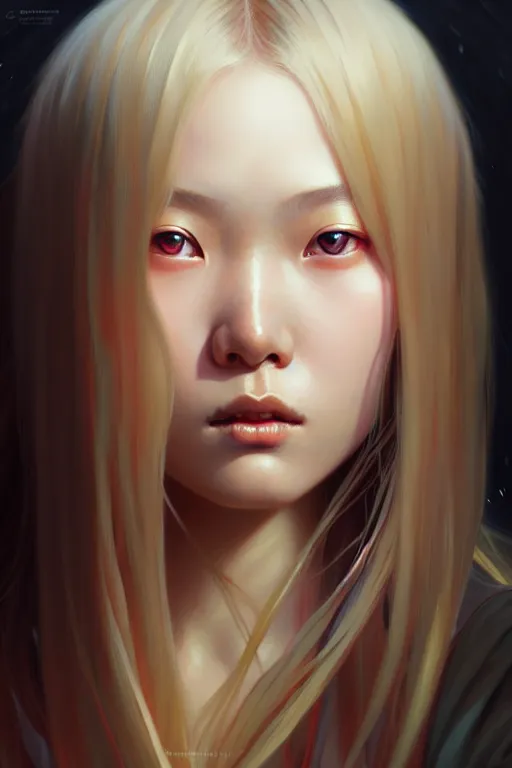 Prompt: Close-up portrait of young asian girl, long blonde hair, dark fantasy, portrait, highly detailed, digital painting, artstation, concept art, sharp focus, illustration, art by artgerm and greg rutkowski and alphonse mucha