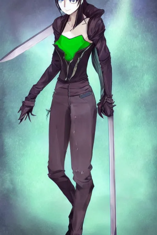 Image similar to name : rose gender : female race : human clothes : jeans and a black shirt weapon : sword special power : healing eye color : green hair color & style : short, spiky body type : slender.