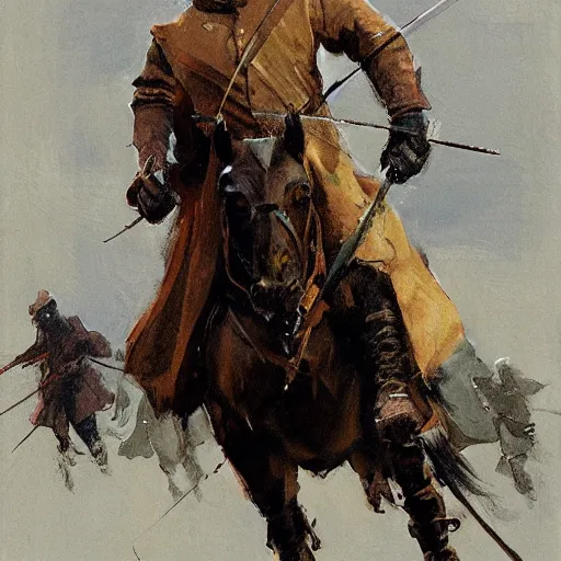 Image similar to portrait of rider wearing gambeson aiming bow, galloping detailed by greg manchess, craig mullins, bernie fuchs, walter everett, low angle